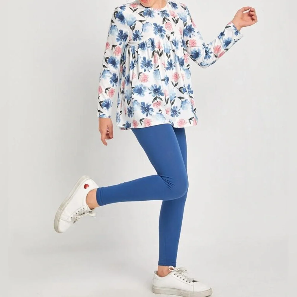 Girls Floral Print Babydoll Top & Solid Leggings Set